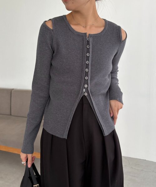 CAPRICIEUX LE'MAGE（カプリシューレマージュ）の「肩開きセッパボタンカーディガン（カーディガン/ボレロ・レディース・ブラウン/ピンク/グレー/ライトベージュ・FREE）」の8枚目の写真