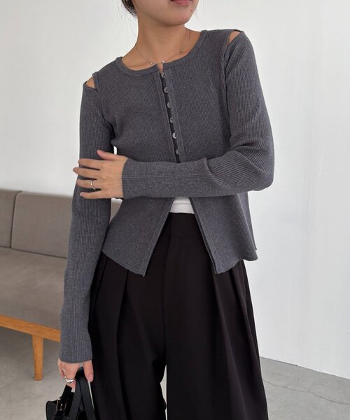 CAPRICIEUX LE'MAGE（カプリシューレマージュ）の「肩開きセッパボタンカーディガン（カーディガン/ボレロ・レディース・ブラウン/ピンク/グレー/ライトベージュ・FREE）」の12枚目の写真