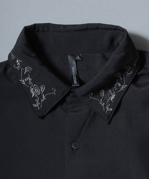 ANPAS（アンパス）の「Embroidered-Collar Long-Sleeve Shirt/襟花刺繍 長袖シャツ メンズ ストレッチ きれいめシャツ モノトーン（シャツ/ブラウス・メンズ・ブラック/ホワイト・L/M）」の7枚目の写真