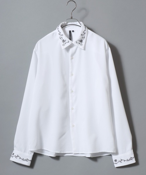 ANPAS（アンパス）の「Embroidered-Collar Long-Sleeve Shirt/襟花刺繍 長袖シャツ メンズ ストレッチ きれいめシャツ モノトーン（シャツ/ブラウス・メンズ・ブラック/ホワイト・L/M）」の3枚目の写真