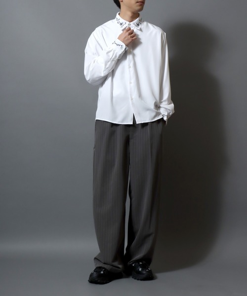 ANPAS（アンパス）の「Embroidered-Collar Long-Sleeve Shirt/襟花刺繍 長袖シャツ メンズ ストレッチ きれいめシャツ モノトーン（シャツ/ブラウス・メンズ・ブラック/ホワイト・L/M）」の21枚目の写真