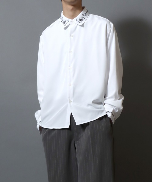 ANPAS（アンパス）の「Embroidered-Collar Long-Sleeve Shirt/襟花刺繍 長袖シャツ メンズ ストレッチ きれいめシャツ モノトーン（シャツ/ブラウス・メンズ・ブラック/ホワイト・L/M）」の15枚目の写真