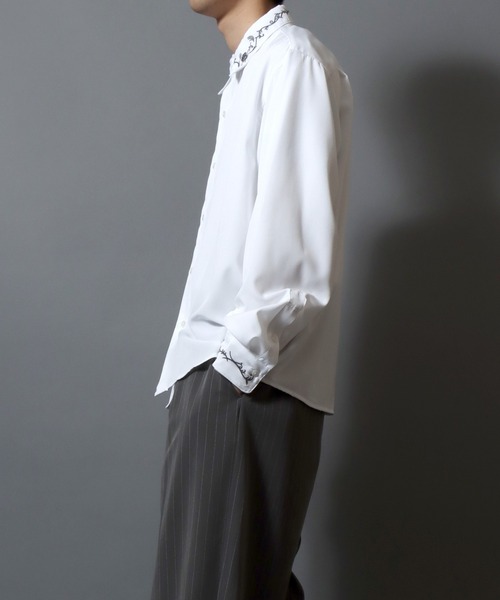ANPAS（アンパス）の「Embroidered-Collar Long-Sleeve Shirt/襟花刺繍 長袖シャツ メンズ ストレッチ きれいめシャツ モノトーン（シャツ/ブラウス・メンズ・ブラック/ホワイト・L/M）」の16枚目の写真
