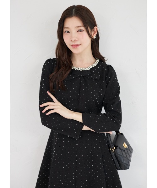 きらきらストーン×ビジュー付きリボンボンディングワンピース