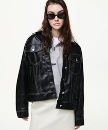 B QUIET（ビークワイエット）の「[UNISEX]FAUX LEATHER TRUCKER JACKET_BLACK（ライダースジャケット）」