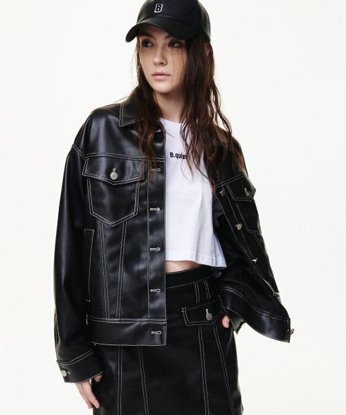 B QUIET（ビークワイエット）の「[UNISEX]FAUX LEATHER TRUCKER JACKET_BLACK（ライダースジャケット・レディース・その他・ONE SIZE）」の5枚目の写真