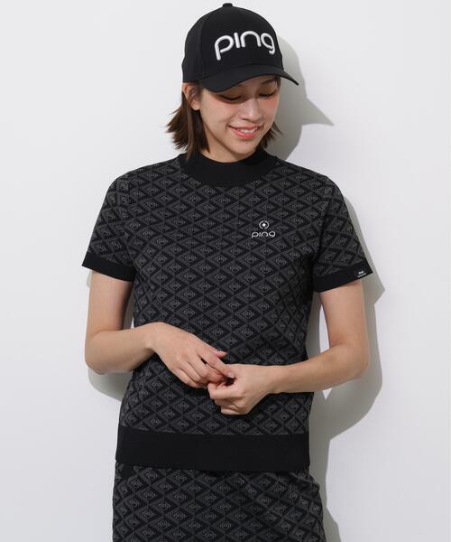 PING(ピン)の「【PING APPAREL】AZモノグラムジャカード半袖ハイネックネックニット <PERFORMANCE> (LADIES)(ニット/セーター・レディース・ブラック/ブルー系その他/ホワイト・LL/L/M/S)」の1枚目の写真