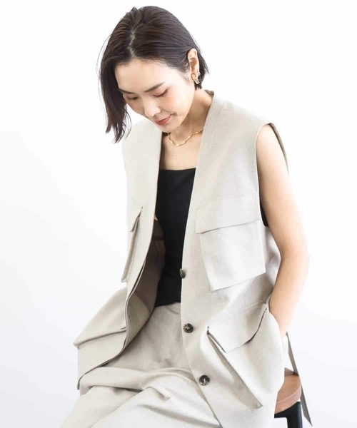 MICHEL KLEIN（ミッシェル・クラン）の「[セットアップ対応]ツイードライク フィッシャーマンジレ（ミリタリージャケット・レディース・サンドベージュ/ネイビー・38）」の2枚目の写真