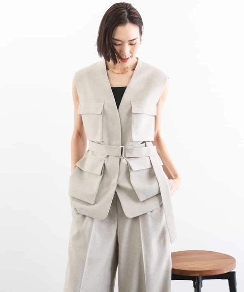 MICHEL KLEIN（ミッシェル・クラン）の「[セットアップ対応]ツイードライク フィッシャーマンジレ（ミリタリージャケット・レディース・サンドベージュ/ネイビー・38）」の9枚目の写真