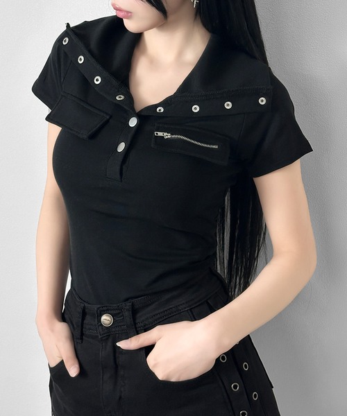 FOLLOWIN(フォロウィン)の「3color/ネックボタンデザインジップポケットTシャツ(Tシャツ/カットソー・レディース・ブラック/グレー/ホワイト・FREE)」の1枚目の写真
