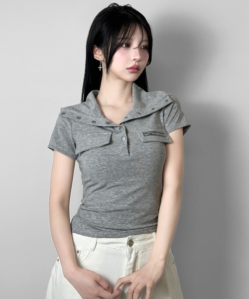 FOLLOWIN(フォロウィン)の「3color/ネックボタンデザインジップポケットTシャツ(Tシャツ/カットソー・レディース・ブラック/グレー/ホワイト・FREE)」の17枚目の写真