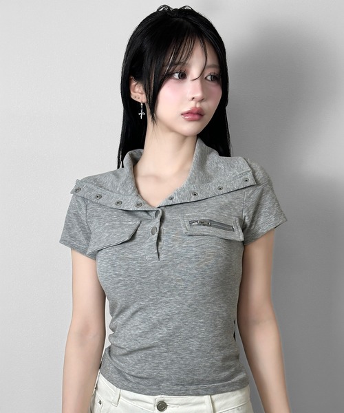 FOLLOWIN(フォロウィン)の「3color/ネックボタンデザインジップポケットTシャツ(Tシャツ/カットソー・レディース・ブラック/グレー/ホワイト・FREE)」の18枚目の写真