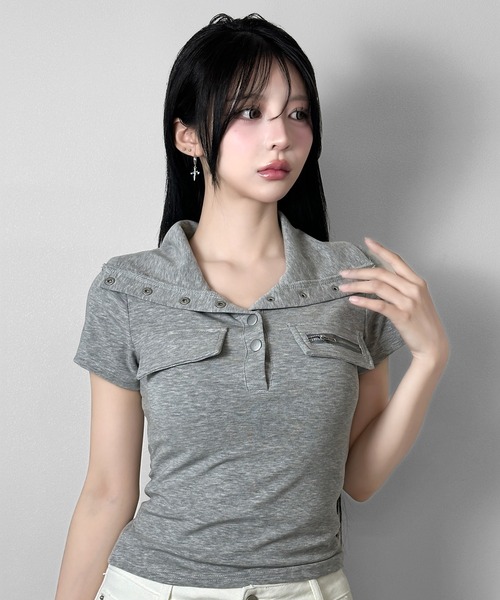 FOLLOWIN(フォロウィン)の「3color/ネックボタンデザインジップポケットTシャツ(Tシャツ/カットソー・レディース・ブラック/グレー/ホワイト・FREE)」の20枚目の写真