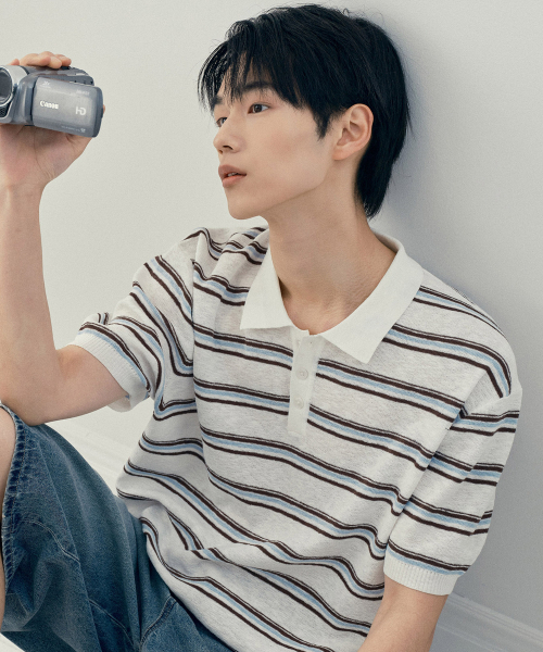 MINDBRIDGE（マインドブリッジ）の「[COUTURE]ウォッシャブルマルチストライプカラー半袖ニット - 2カラー（ニット/セーター・メンズ・アイボリー/ブラウン・95/100/105/110）」の4枚目の写真