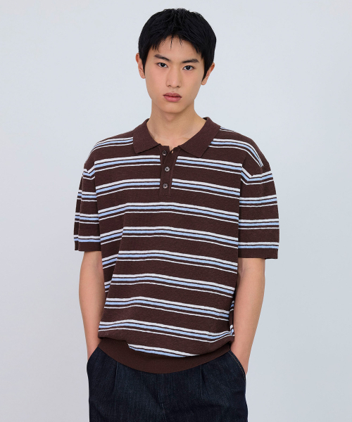 MINDBRIDGE（マインドブリッジ）の「[COUTURE]ウォッシャブルマルチストライプカラー半袖ニット - 2カラー（ニット/セーター・メンズ・アイボリー/ブラウン・95/100/105/110）」の8枚目の写真