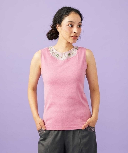 Jocomomola（ホコモモラ）の「【2WAY】フラワー刺繍シフォンタンクトップ（Tシャツ/カットソー・レディース・ブラック/アイボリー/ピンク・40）」の3枚目の写真