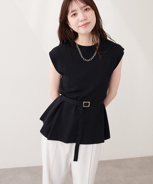 natural couture(ナチュラルクチュール)の「ベルト付きペプラムノースリニット(ニット/セーター・レディース・ブラック/サックスブルー/グレイッシュベージュ/オフホワイト/ピンク/イエロー・FREE)」の15枚目の写真