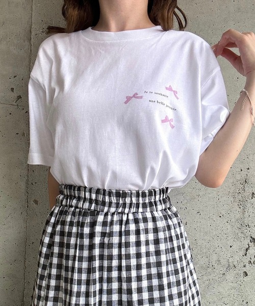 etta(エタ)の「ロゴリボンプリント半袖Tシャツ(Tシャツ/カットソー・レディース・ピンク/ブルー・MEDIUM)」の1枚目の写真