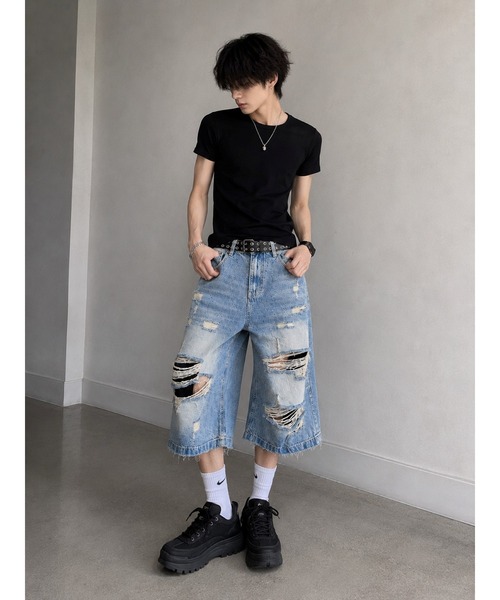 Bling Leads(ブリングリーズ)の「【Bls】 【ZM】【Bling Leads】ダメージ加工 スケーター ハーフパンツ(デニムパンツ・メンズ・ブルー・MEDIUM)」の4枚目の写真