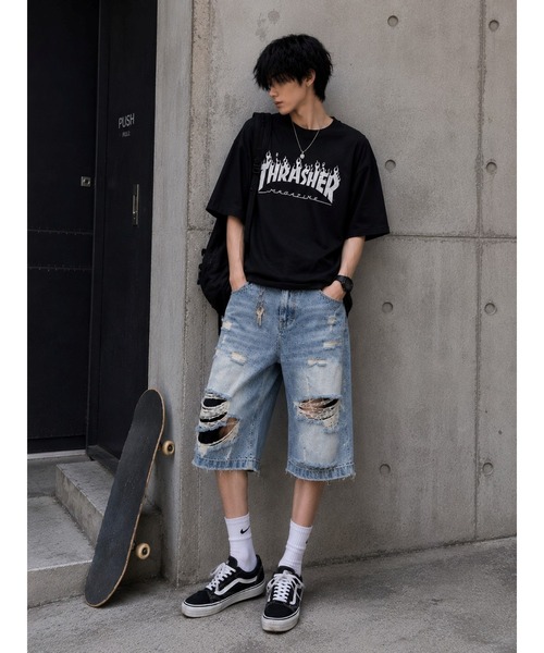 Bling Leads(ブリングリーズ)の「【Bls】 【ZM】【Bling Leads】ダメージ加工 スケーター ハーフパンツ(デニムパンツ・メンズ・ブルー・MEDIUM)」の5枚目の写真