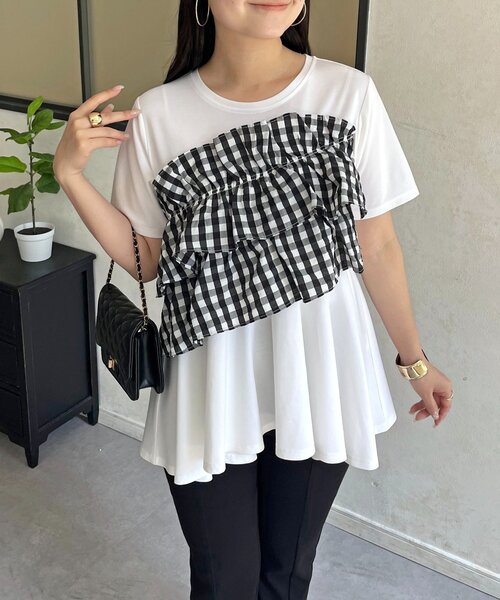 prose verse(プロズヴェール)の「ギンガムフリルペプラムTシャツ(Tシャツ/カットソー・レディース・ブラック/オフホワイト・MEDIUM/LARGE)」の1枚目の写真