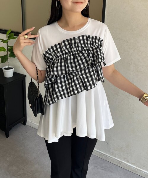 prose verse(プロズヴェール)の「ギンガムフリルペプラムTシャツ(Tシャツ/カットソー・レディース・ブラック/オフホワイト・MEDIUM/LARGE)」の17枚目の写真