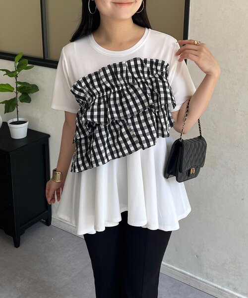 prose verse(プロズヴェール)の「ギンガムフリルペプラムTシャツ(Tシャツ/カットソー・レディース・ブラック/オフホワイト・MEDIUM/LARGE)」の18枚目の写真