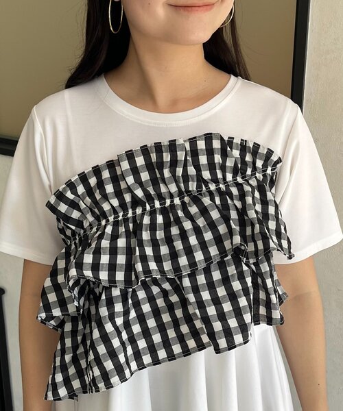 prose verse(プロズヴェール)の「ギンガムフリルペプラムTシャツ(Tシャツ/カットソー・レディース・ブラック/オフホワイト・MEDIUM/LARGE)」の3枚目の写真