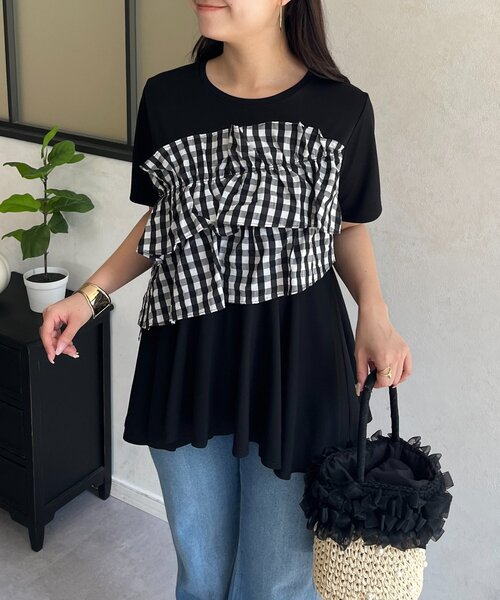prose verse(プロズヴェール)の「ギンガムフリルペプラムTシャツ(Tシャツ/カットソー・レディース・ブラック/オフホワイト・MEDIUM/LARGE)」の5枚目の写真