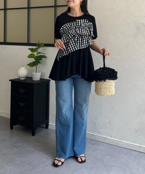 prose verse(プロズヴェール)の「ギンガムフリルペプラムTシャツ(Tシャツ/カットソー・レディース・ブラック/オフホワイト・MEDIUM/LARGE)」の11枚目の写真