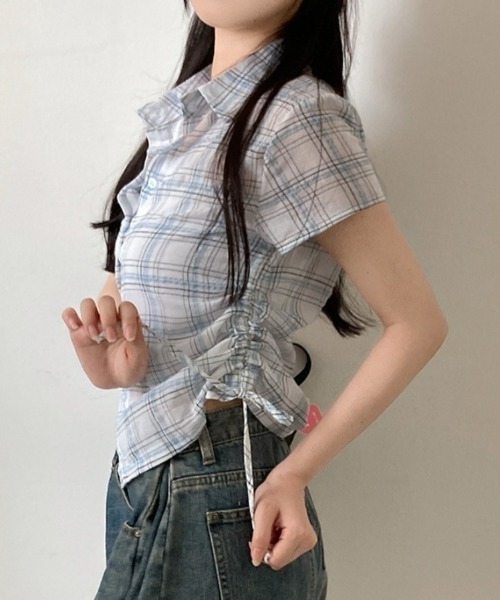 Emilie(エミリー)の「シアーチェック柄サイドシャーリング半袖ブラウス(シャツ/ブラウス・レディース・ネイビー/ライトブルー・FREE)」の13枚目の写真