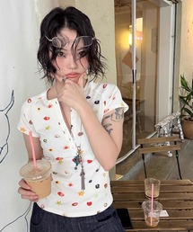 趣味フルーツプリントのヘンリーネックフィット半袖Tシャツ