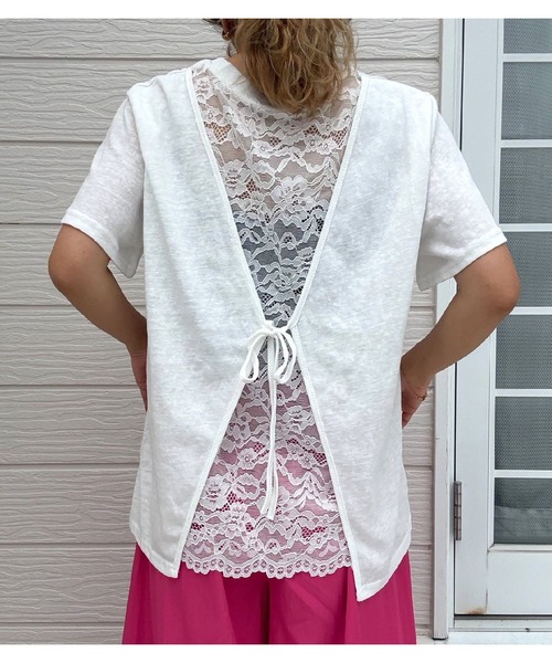 Q(キュー)の「バックレースレイヤードT(Tシャツ/カットソー・レディース・ホワイト/ブラック・MEDIUM)」の2枚目の写真