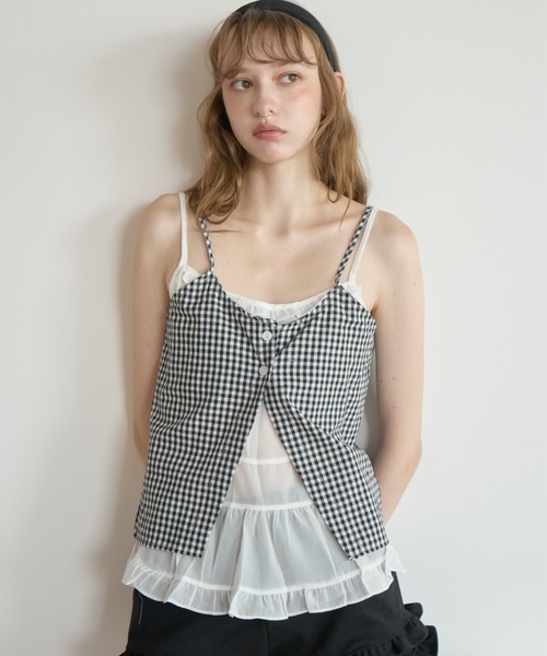 Birthday room(バースデイルーム)の「ギンガムチェックレイヤードライクビスチェ/Gingham Check Layered-Look Bustier(キャミソール・レディース・ブルー/ブラック・FREE)」の2枚目の写真