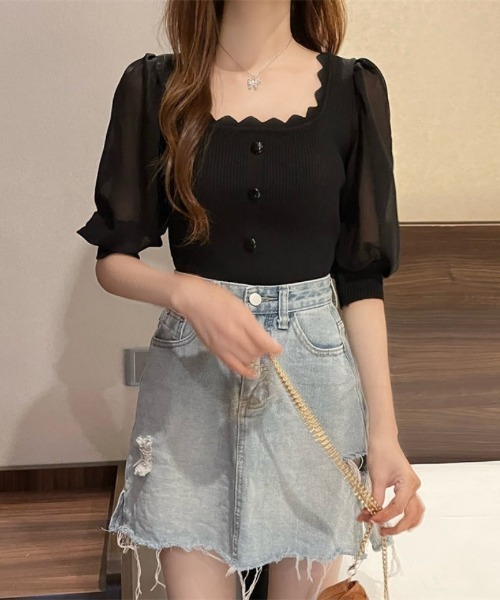 Ritzy（リッツィー）の「スクエアネックシアーボリュームスリーブニット（Tシャツ/カットソー・レディース・ベージュ/ホワイト・FREE）」の3枚目の写真
