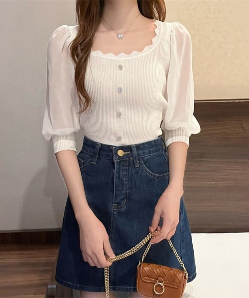 Ritzy（リッツィー）の「スクエアネックシアーボリュームスリーブニット（Tシャツ/カットソー・レディース・ベージュ/ホワイト・FREE）」の11枚目の写真