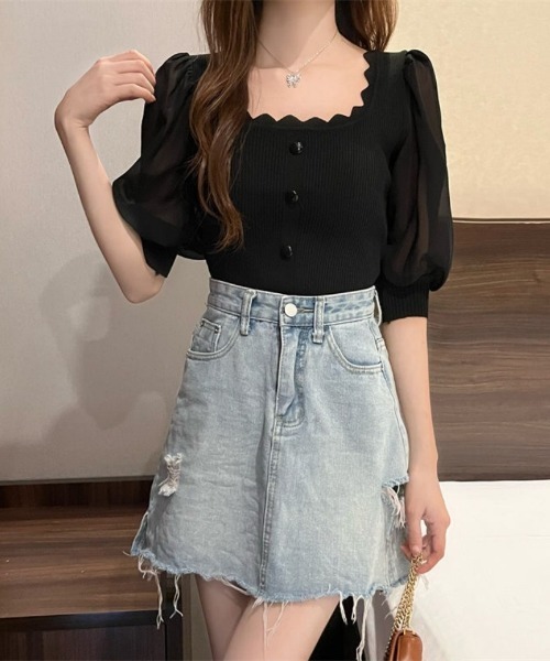 Ritzy（リッツィー）の「スクエアネックシアーボリュームスリーブニット（Tシャツ/カットソー・レディース・ベージュ/ホワイト・FREE）」の15枚目の写真