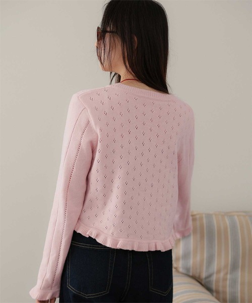 miette(ミエット)の「アイレット柄Vネックショートニットカーディガン(カーディガン/ボレロ・レディース・レッド/ライトピンク/ライトグレー/ネイビー・FREE)」の12枚目の写真