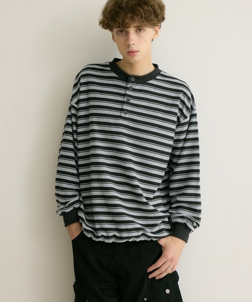 PBLIM(ページボーイリム)の「《UNISEX》マルチボーダーヘンリーネック(Tシャツ/カットソー・レディース・グレー/ネイビー・FREE)」の2枚目の写真