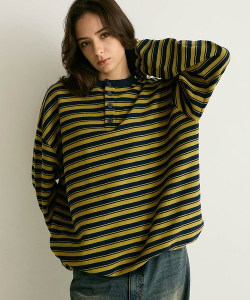 PBLIM(ページボーイリム)の「《UNISEX》マルチボーダーヘンリーネック(Tシャツ/カットソー・レディース・グレー/ネイビー・FREE)」の3枚目の写真