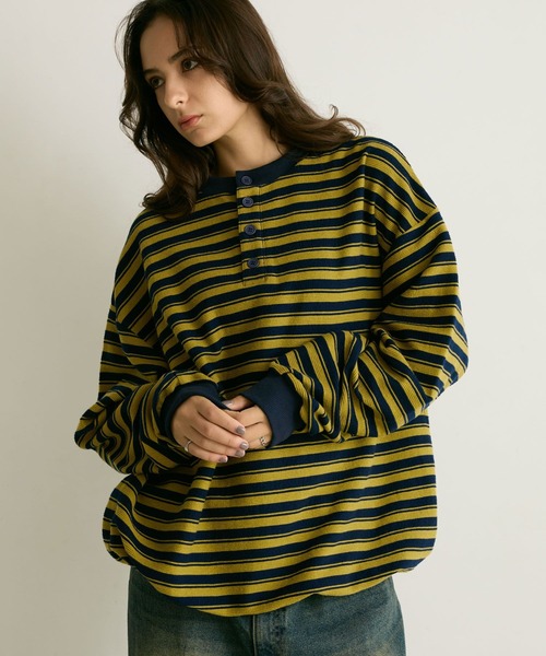 PBLIM(ページボーイリム)の「《UNISEX》マルチボーダーヘンリーネック(Tシャツ/カットソー・レディース・グレー/ネイビー・FREE)」の4枚目の写真