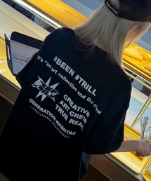 シグネチャースローガングラフィックバックプリントオーバーサイズ半袖Tシャツ(ブラック)