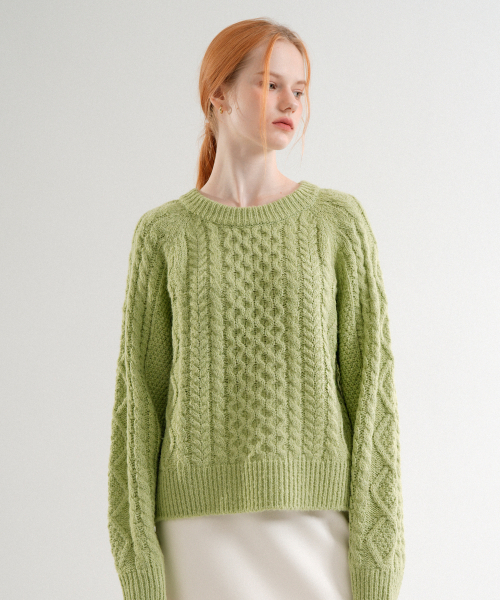 VLETI（ブレッティ）の「Cable Wool Round Knit (Yellow_green)（ニット/セーター・レディース・イエロー×グリーン・FREE）」の2枚目の写真