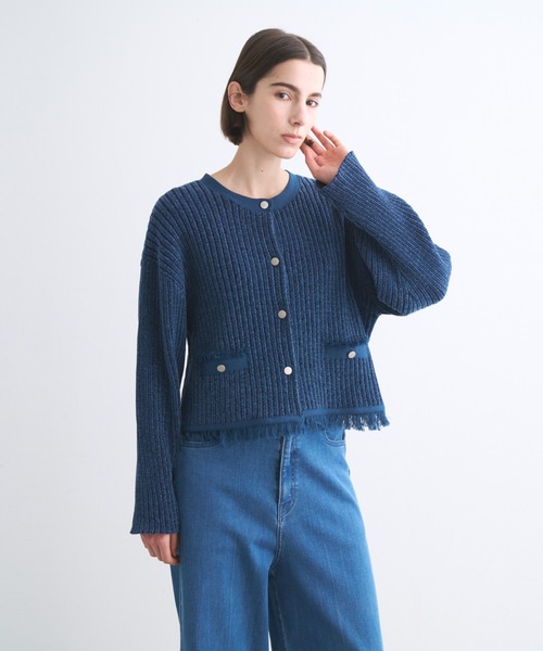 three dots(スリードッツ)の「デニモール ジャケット(ノーカラージャケット・レディース・ネイビー/ブルー/ブラック系その他・SMALL)」の2枚目の写真