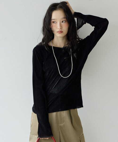 DISCOAT(ディスコート)の「【Noka】前後2WAYフロッキーメッシュプルオーバー(Tシャツ/カットソー・レディース・アイボリー/ブラック/ブラウン・FREE)」の2枚目の写真