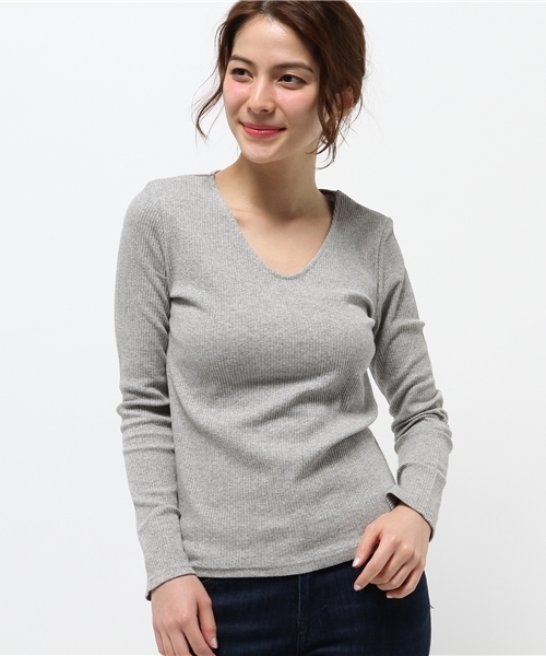 mystic（ミスティック）の「【mystic】Vネックリブプルオーバー（Tシャツ/カットソー・レディース・ブラック/グレー/ピンク/ミント/オフホワイト・ﾌﾘ-）」の3枚目の写真