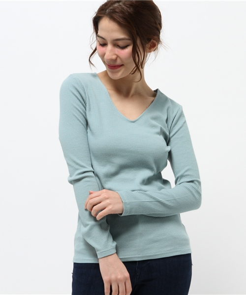 mystic（ミスティック）の「【mystic】Vネックリブプルオーバー（Tシャツ/カットソー・レディース・ブラック/グレー/ピンク/ミント/オフホワイト・ﾌﾘ-）」の4枚目の写真