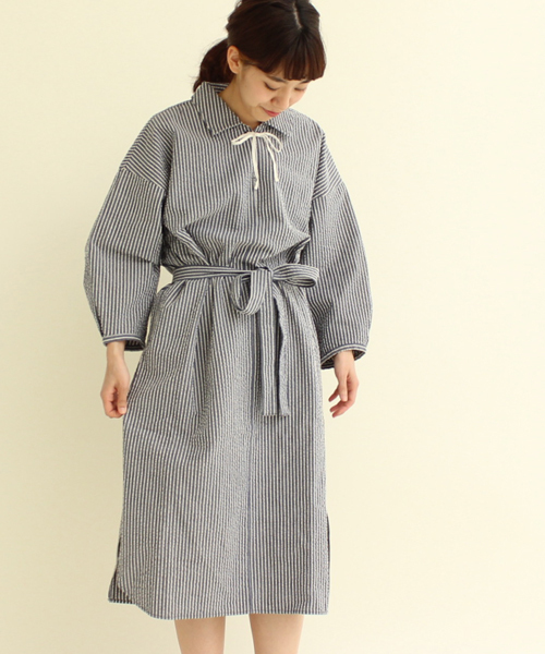 本物保証 極美品 Par Ici ワンピース ナチュラル スキッパー サッカーストライプ ロングワンピース Alrc Asia