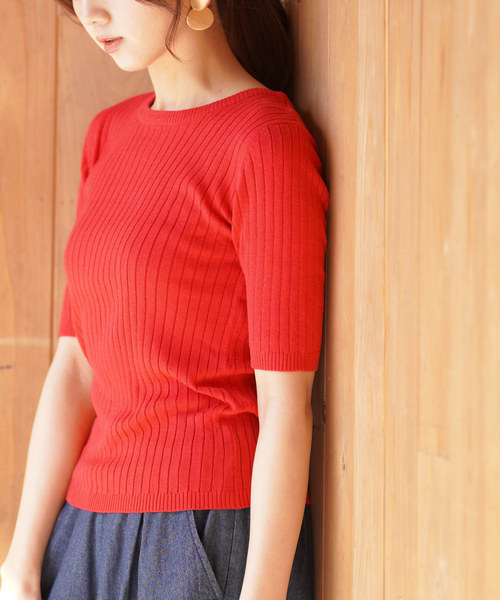 rps(アールピーエス)の「ワイドリブクルーネック5分袖ニットプルオーバー(ニット/セーター・レディース・ネイビー/レッド/オフホワイト/ピンク/ブラック/杢グレー/イエロー/ベージュ系その他・L/M)」の8枚目の写真