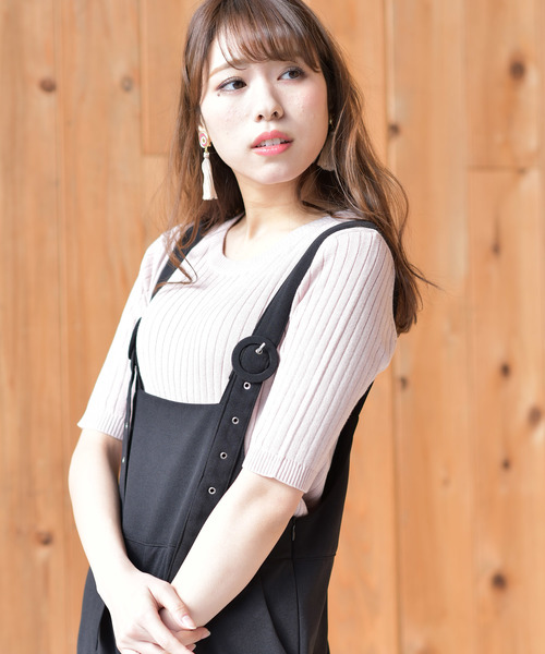 rps(アールピーエス)の「ワイドリブクルーネック5分袖ニットプルオーバー(ニット/セーター・レディース・ネイビー/レッド/オフホワイト/ピンク/ブラック/杢グレー/イエロー/ベージュ系その他・L/M)」の7枚目の写真